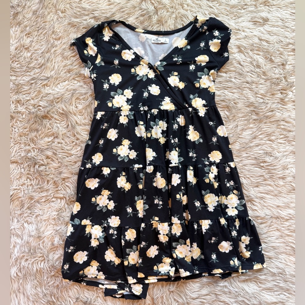 Black Floral Tiered Dress - Yellow Blossom Print